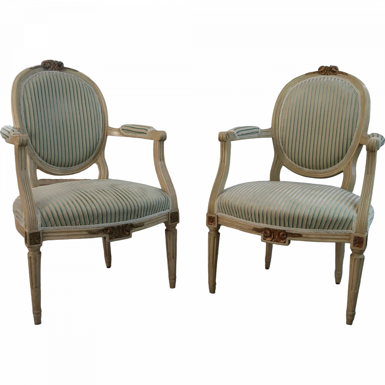 Pair of Louis XVI armchairs in laquered wood & gold leaf details 8