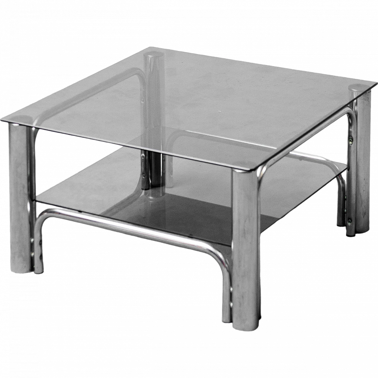 Squared coffee table in metal with double glass shelf, 1970s 10