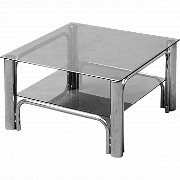 Squared coffee table in metal with double glass shelf, 1970s