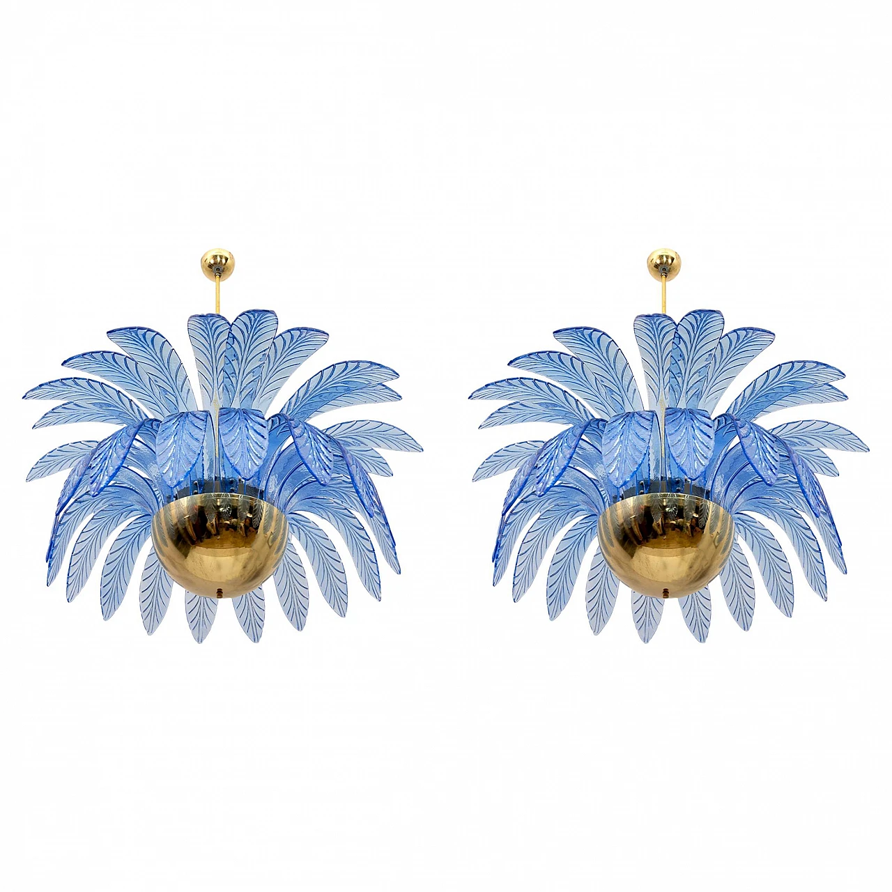 Pair of blue Murano glass palm leaf chandeliers, 1970s 1