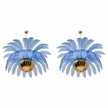 Pair of blue Murano glass palm leaf chandeliers, 1970s