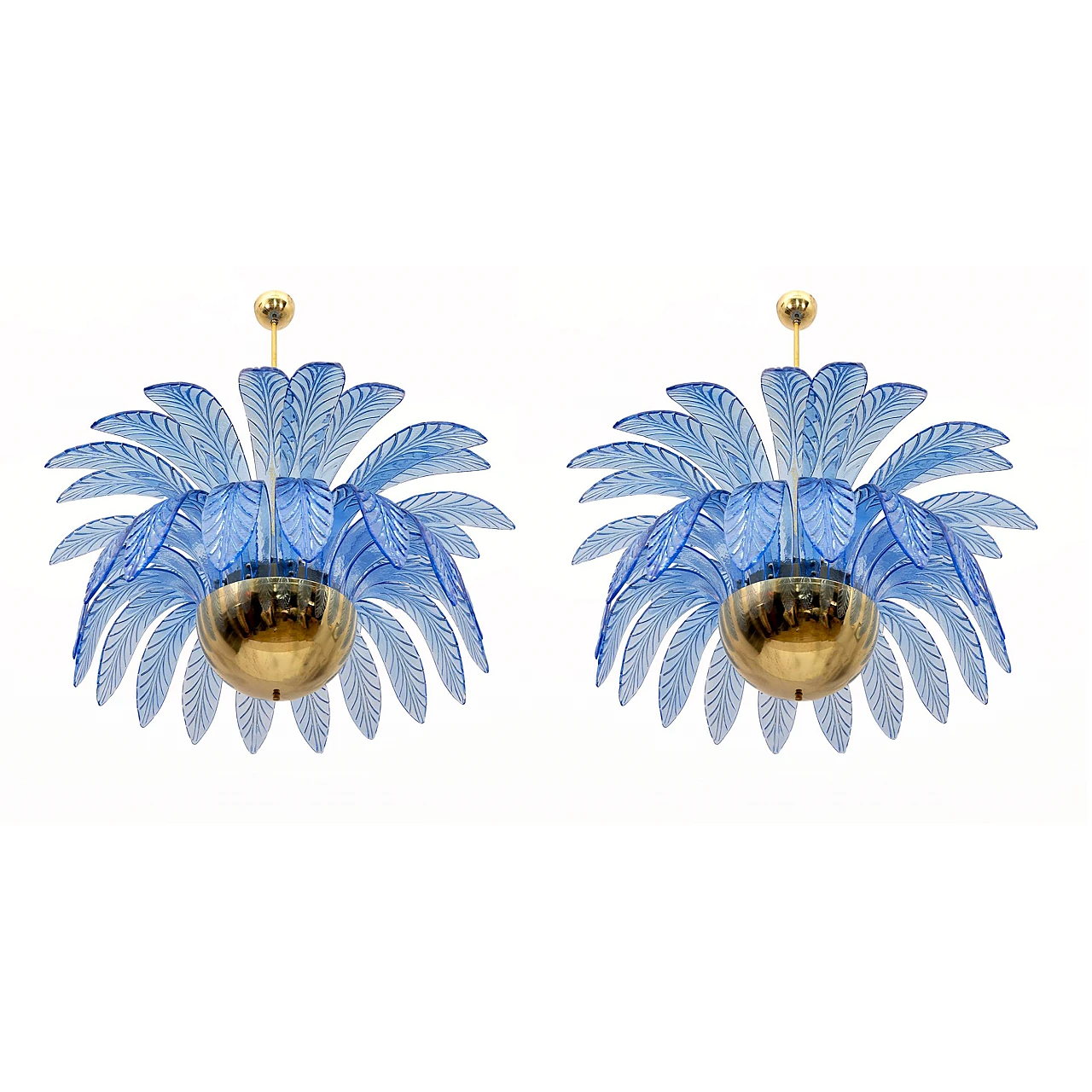 Pair of blue Murano glass palm leaf chandeliers, 1970s 2