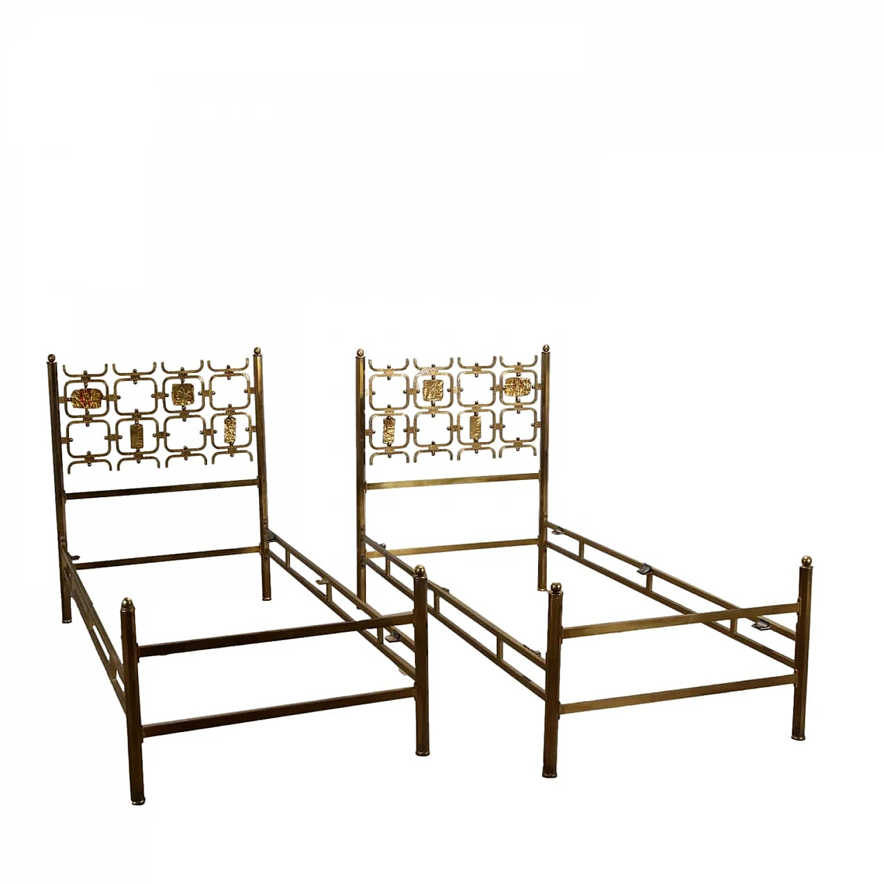 Pair of single beds in brass decorated with tiles, 1960s 1