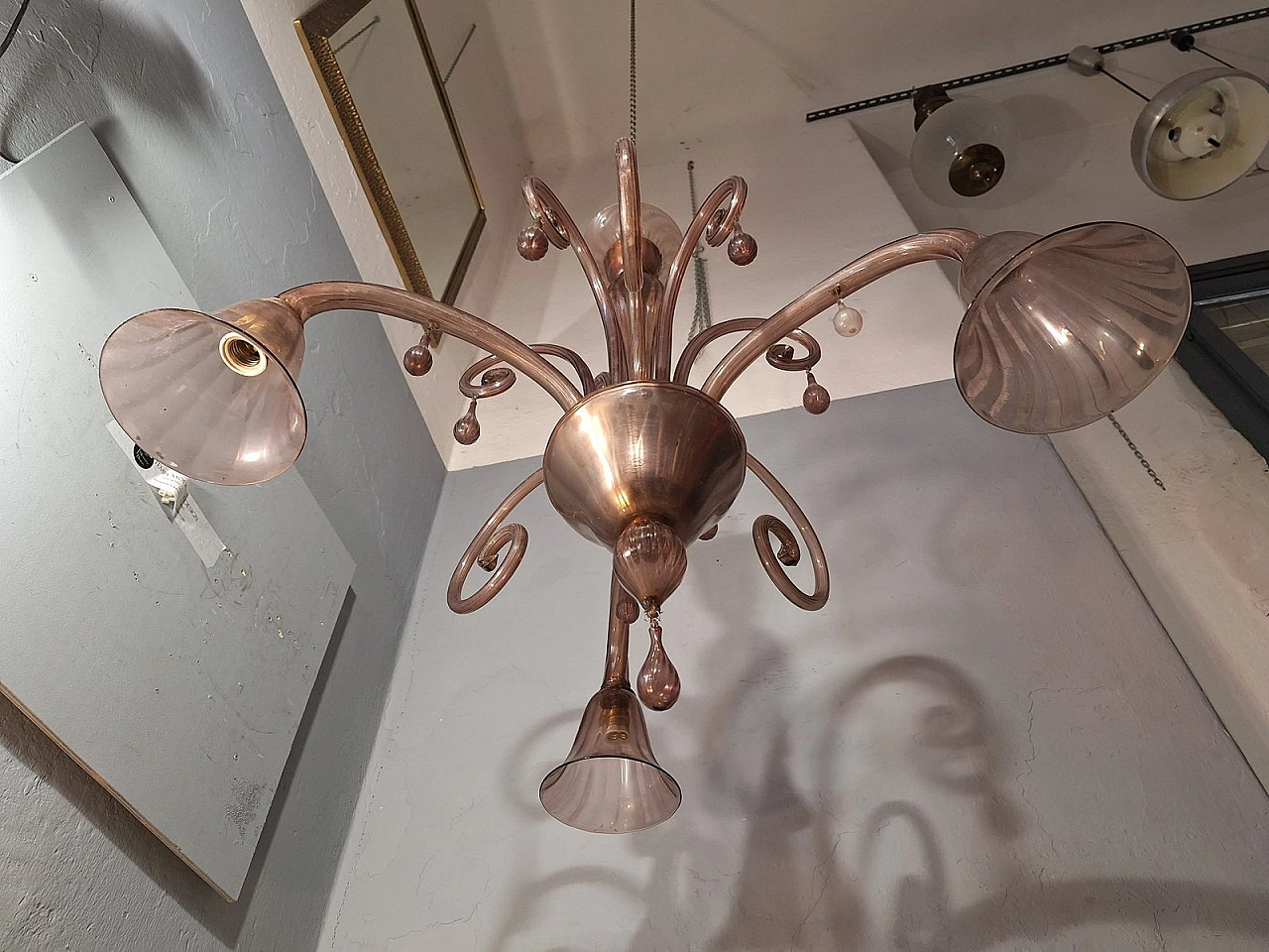 Lampadario a 3 luci in vetro di V. Zecchin per MVM Cappellin, anni '50 3