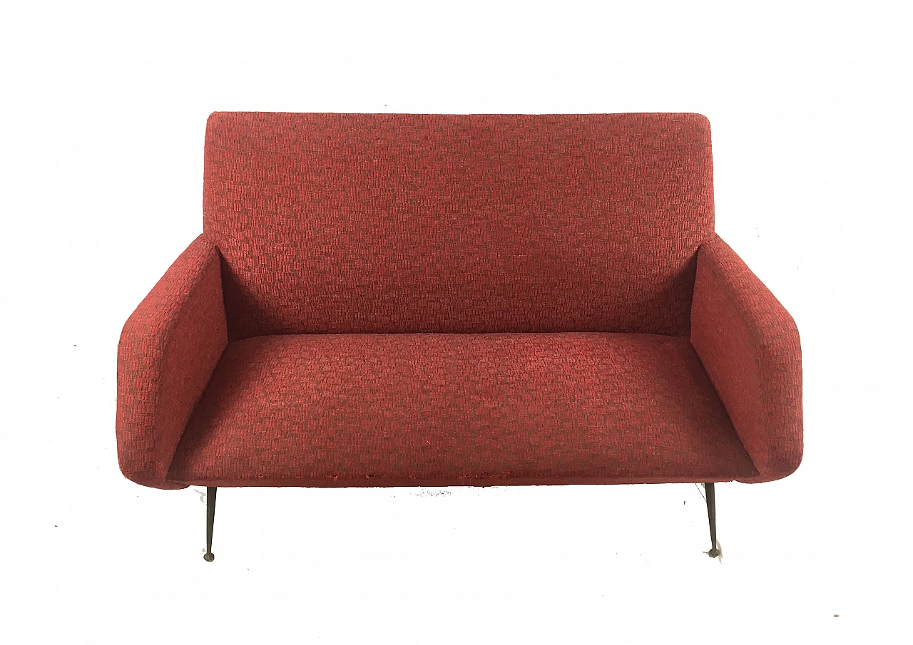 Two-seater sofa in red fabric & metal legs in G. Ponti style, 1960s 1