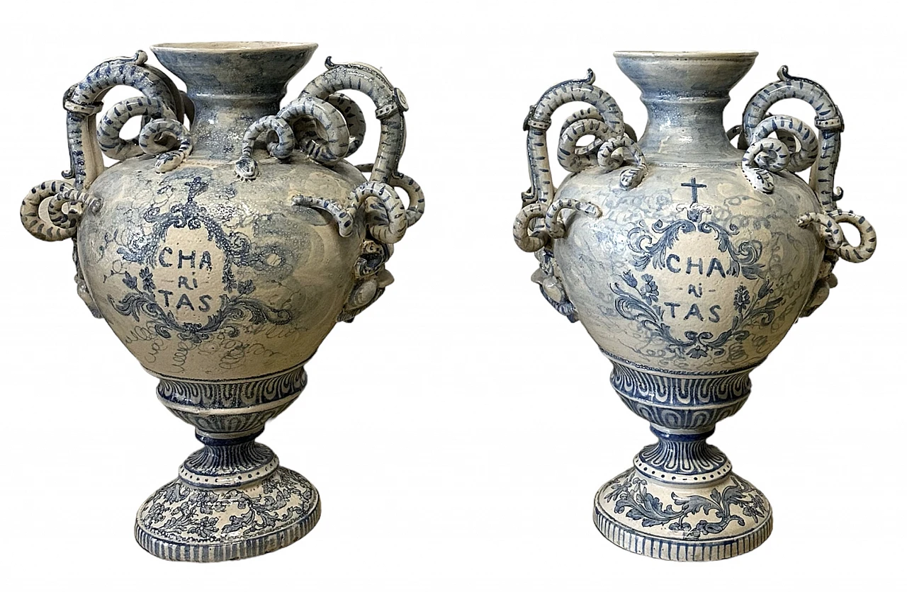 Pair of Albisola ceramic vases with snake handles, 19th century 2