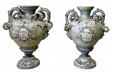 Pair of Albisola ceramic vases with snake handles, 19th century