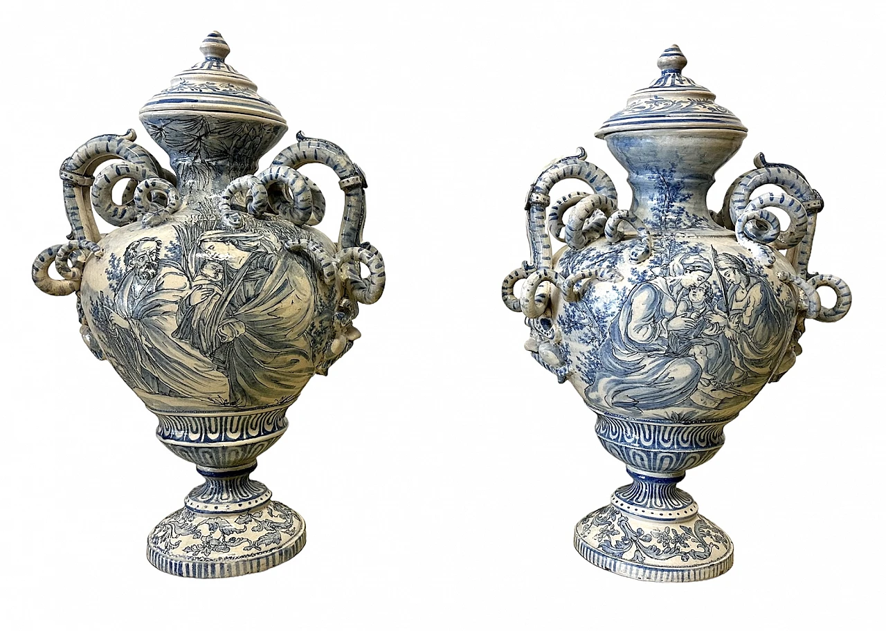 Pair of Albisola ceramic vases with snake handles, 19th century 3