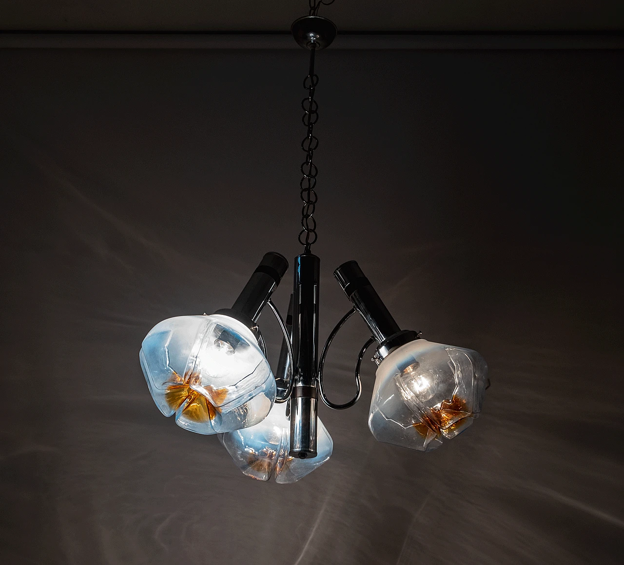 Space Age ceiling lamp in chromed metal with 3 glass globes, 1970s 4