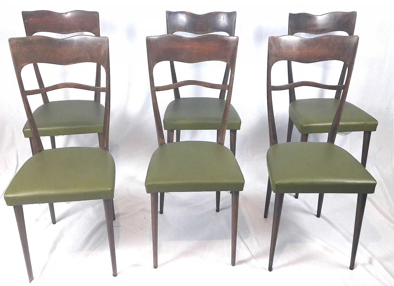 6 Beech wood chairs with green skai seat in Borsani style, 1950s 1