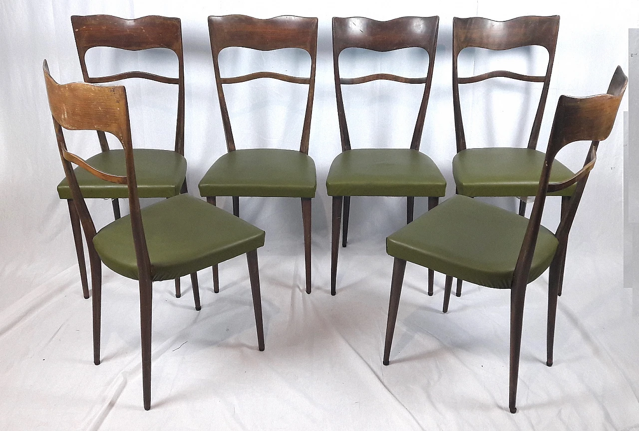 6 Beech wood chairs with green skai seat in Borsani style, 1950s 2