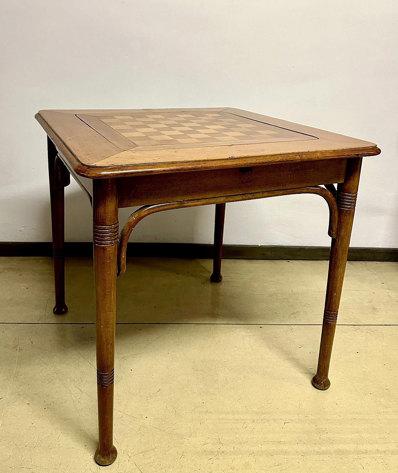 Wooden gaming table with chessboard and green fabric, 1930s 3