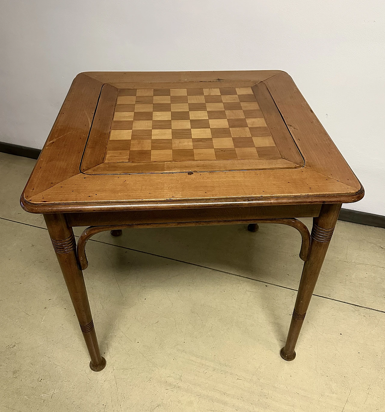 Wooden gaming table with chessboard and green fabric, 1930s 4