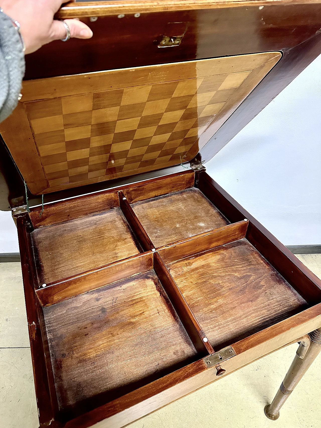 Wooden gaming table with chessboard and green fabric, 1930s 7