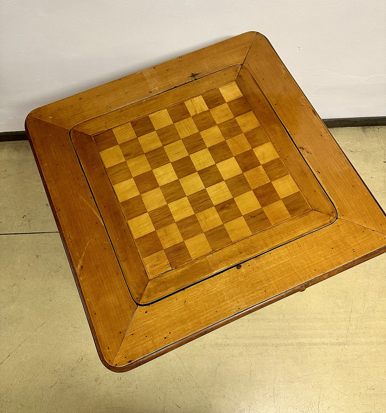 Wooden gaming table with chessboard and green fabric, 1930s 8