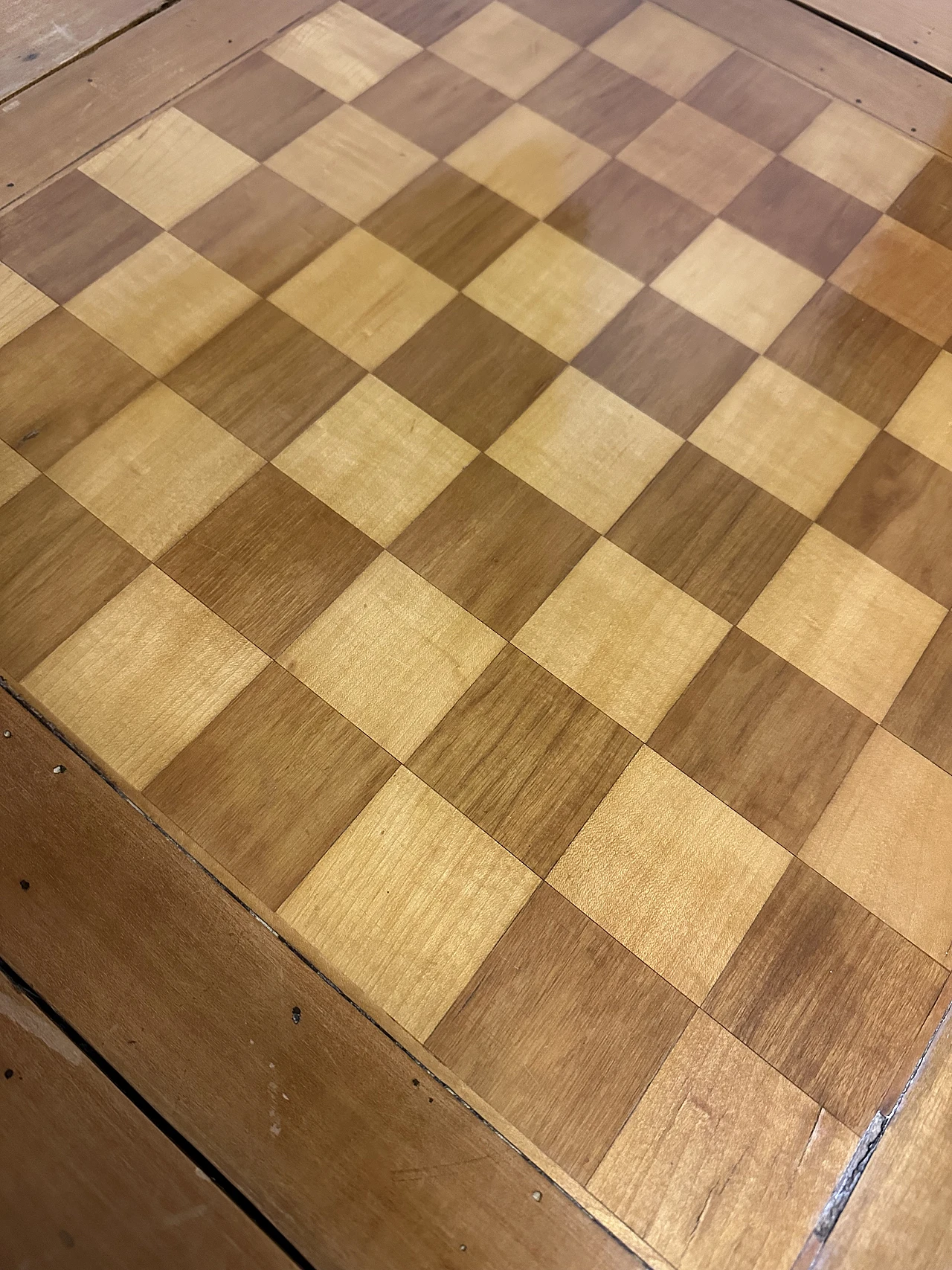 Wooden gaming table with chessboard and green fabric, 1930s 10