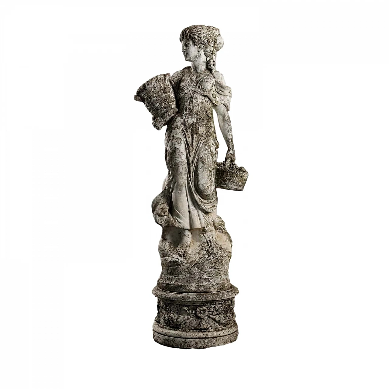 Peasant woman with baskets, garden grit statue 1