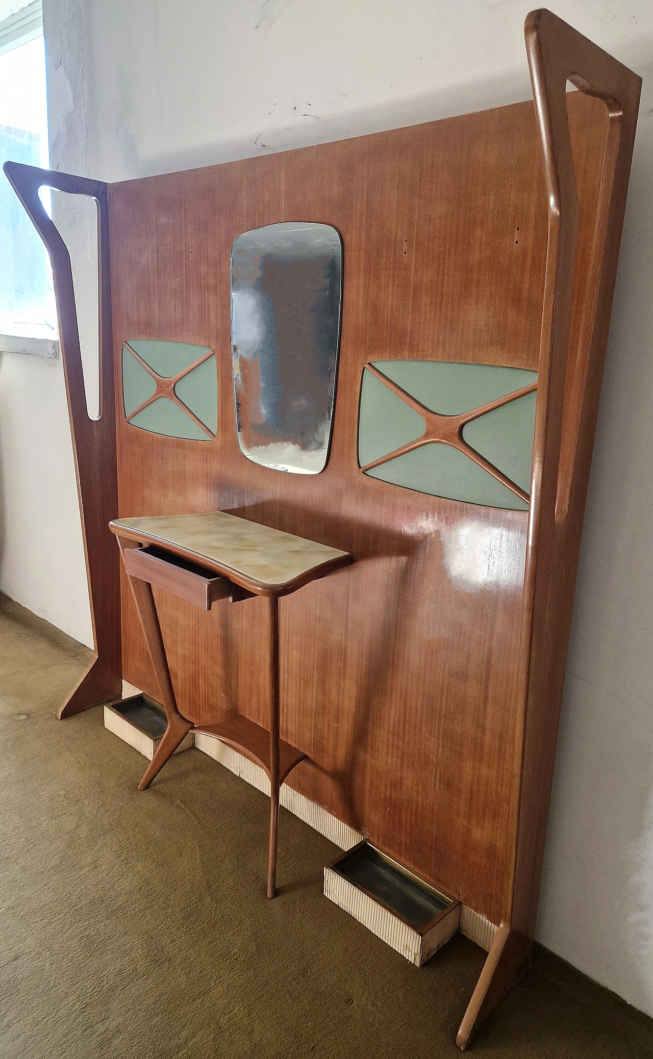 Mobile da ingresso in mogano con specchio e console, anni '50 2