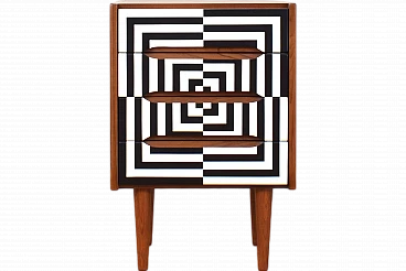 Comodino op-art in teak con quattro cassetti, anni '60