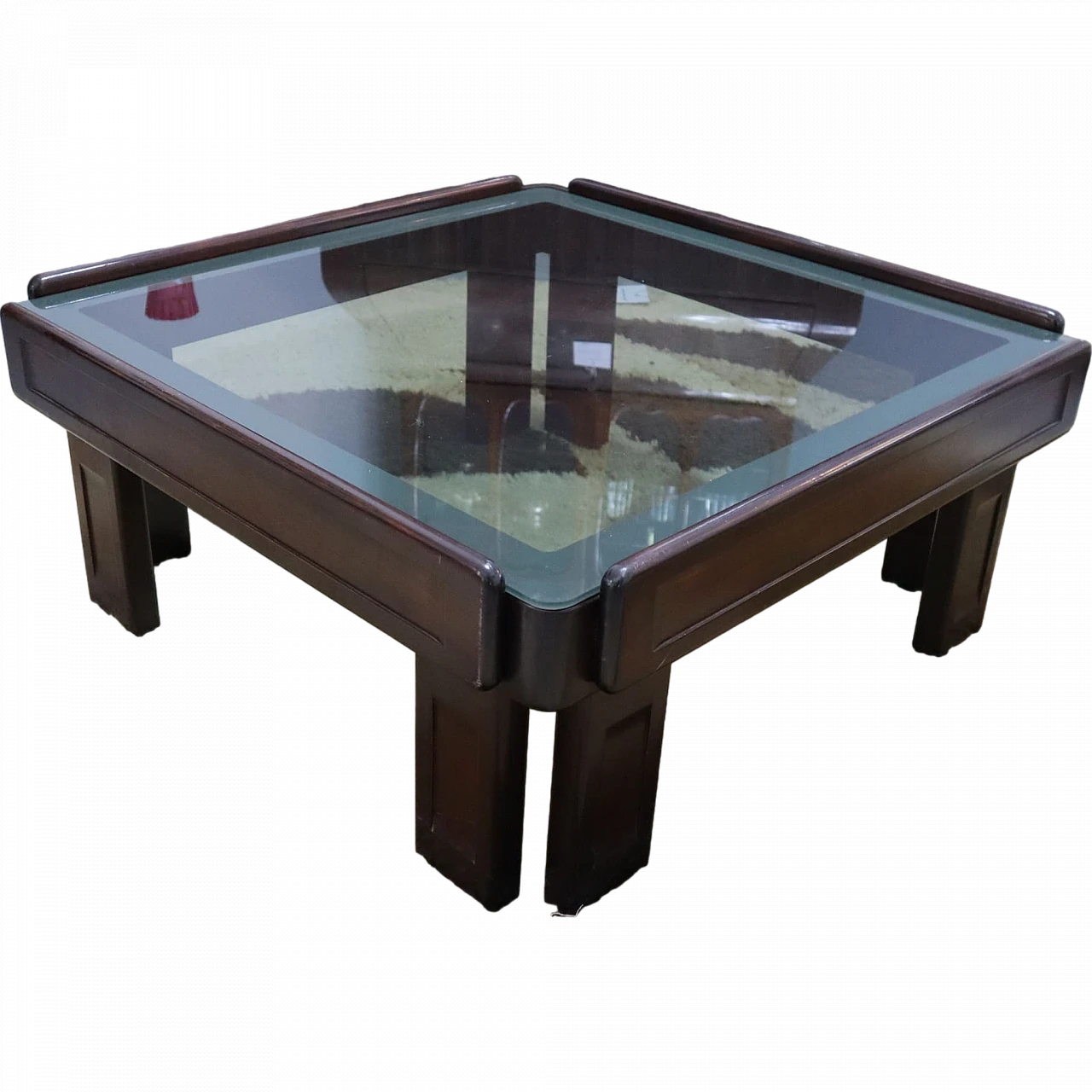 Mahogany & glass square coffee table in A. & T. Scarpa style, 1970s 5