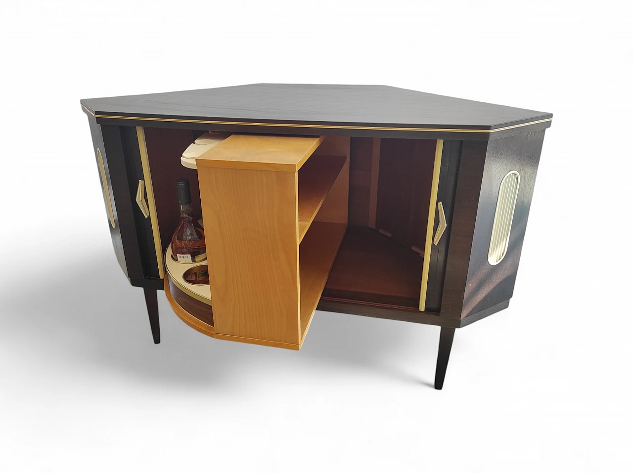 Wooden bar cabinet with 2 sliding doors & bottle holder, 1970s 4