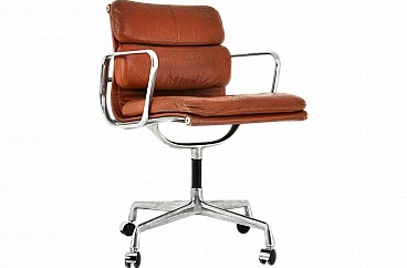 Brown leather & metal armchair by C. & R. Eames for H. Miller, 1970s