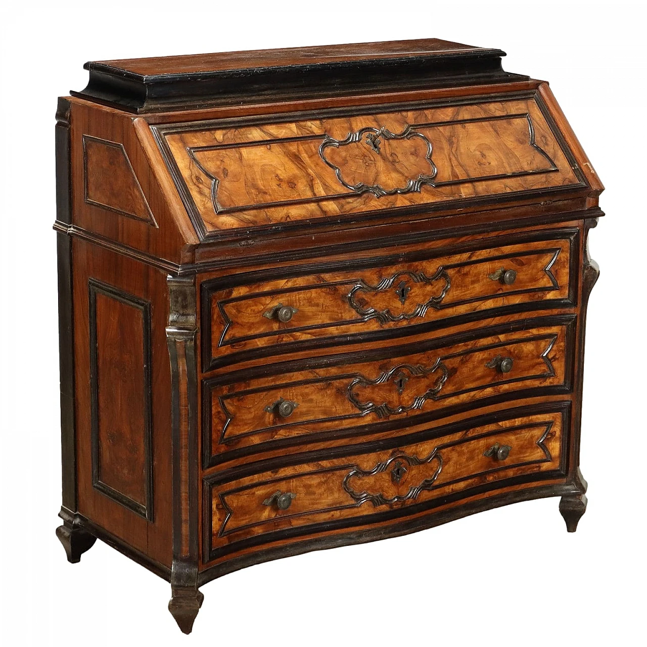 Baroque-style secrétaire with drawers in walnut & ebonised wood 1