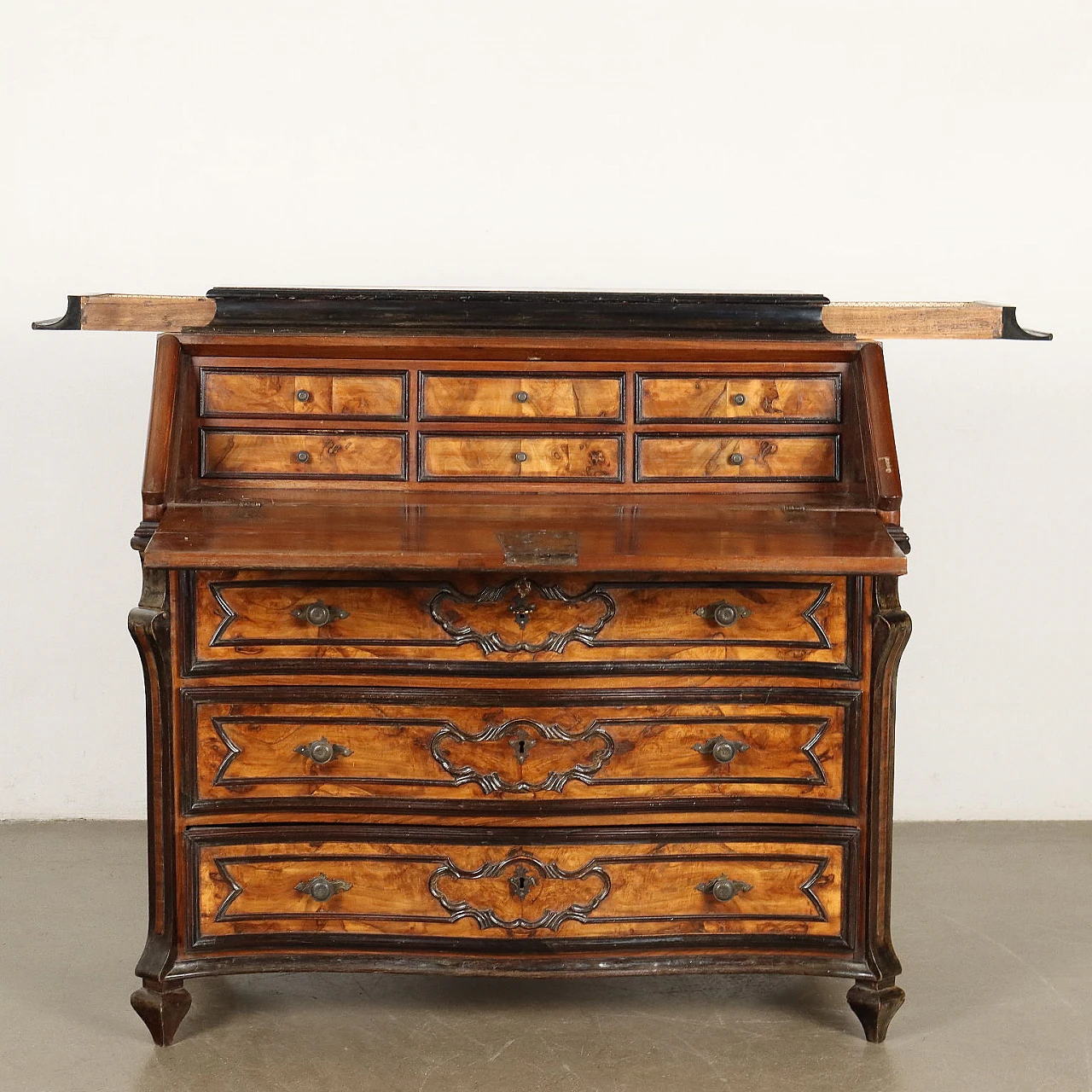 Baroque-style secrétaire with drawers in walnut & ebonised wood 3