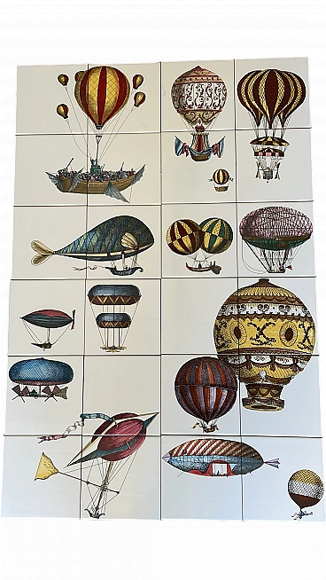 24 Piastrelle Macchine volanti in ceramica di Fornasetti, anni 2000