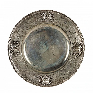 Silver tray with embossed and chiseled masks decoration