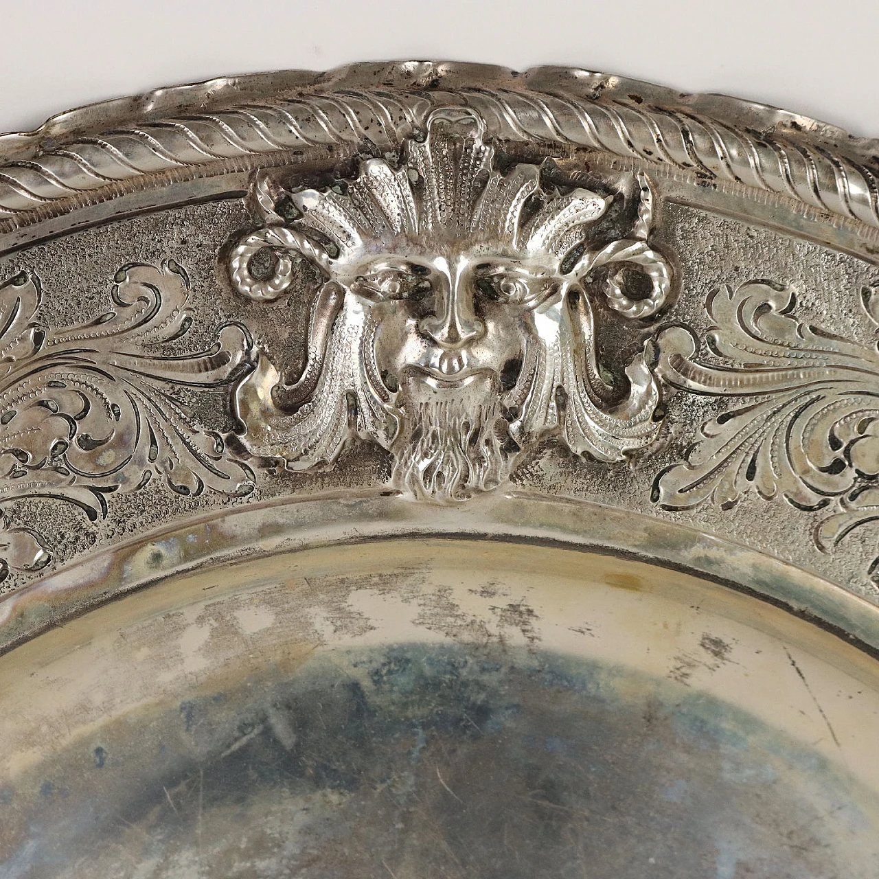 Silver tray with embossed and chiseled masks decoration 3