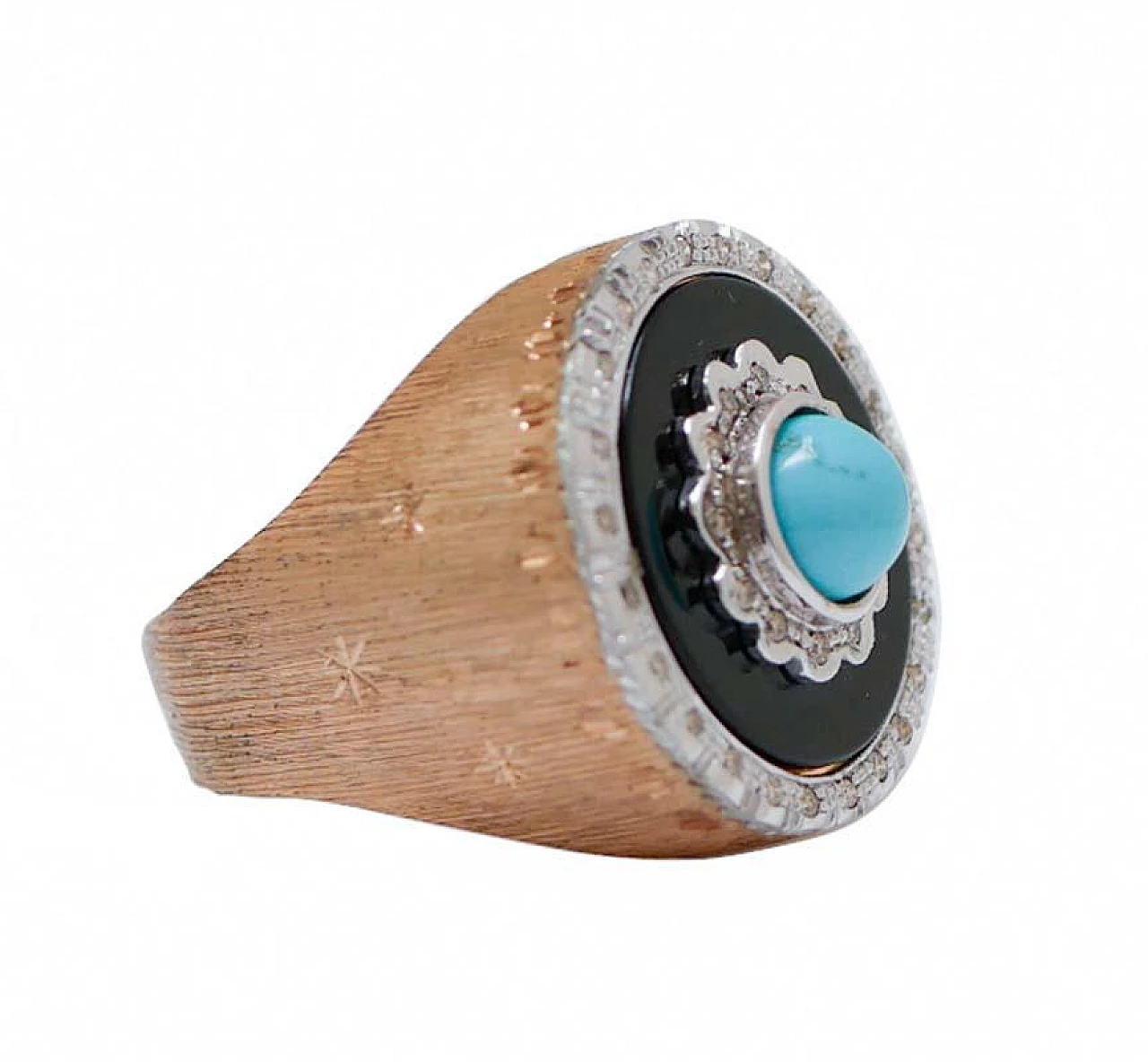 Rose gold ring with turquoise, onyx and diamonds, 1970s 2