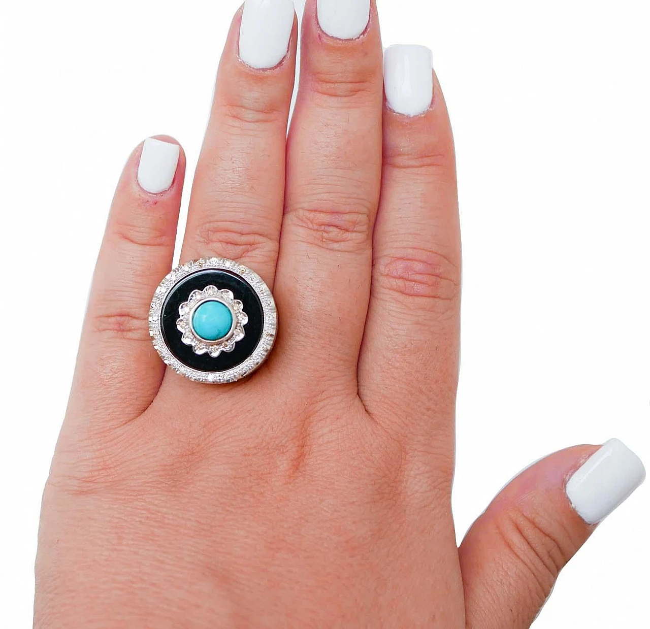 Rose gold ring with turquoise, onyx and diamonds, 1970s 4