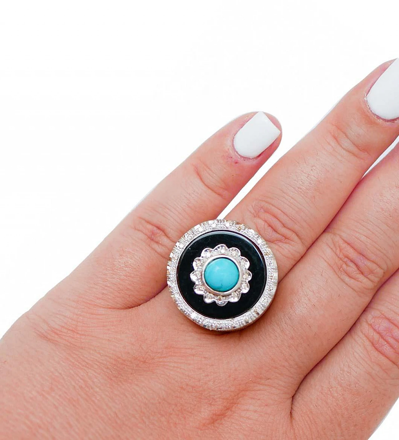 Rose gold ring with turquoise, onyx and diamonds, 1970s 5