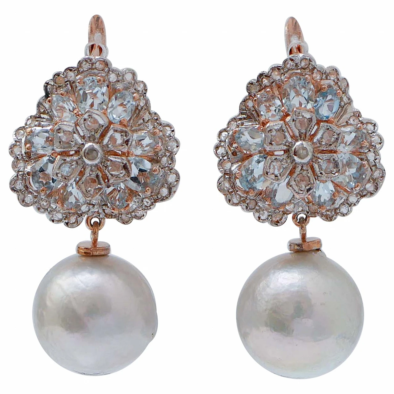 Rose gold earrings with grey pearls, topazes and diamonds, 1970s 1