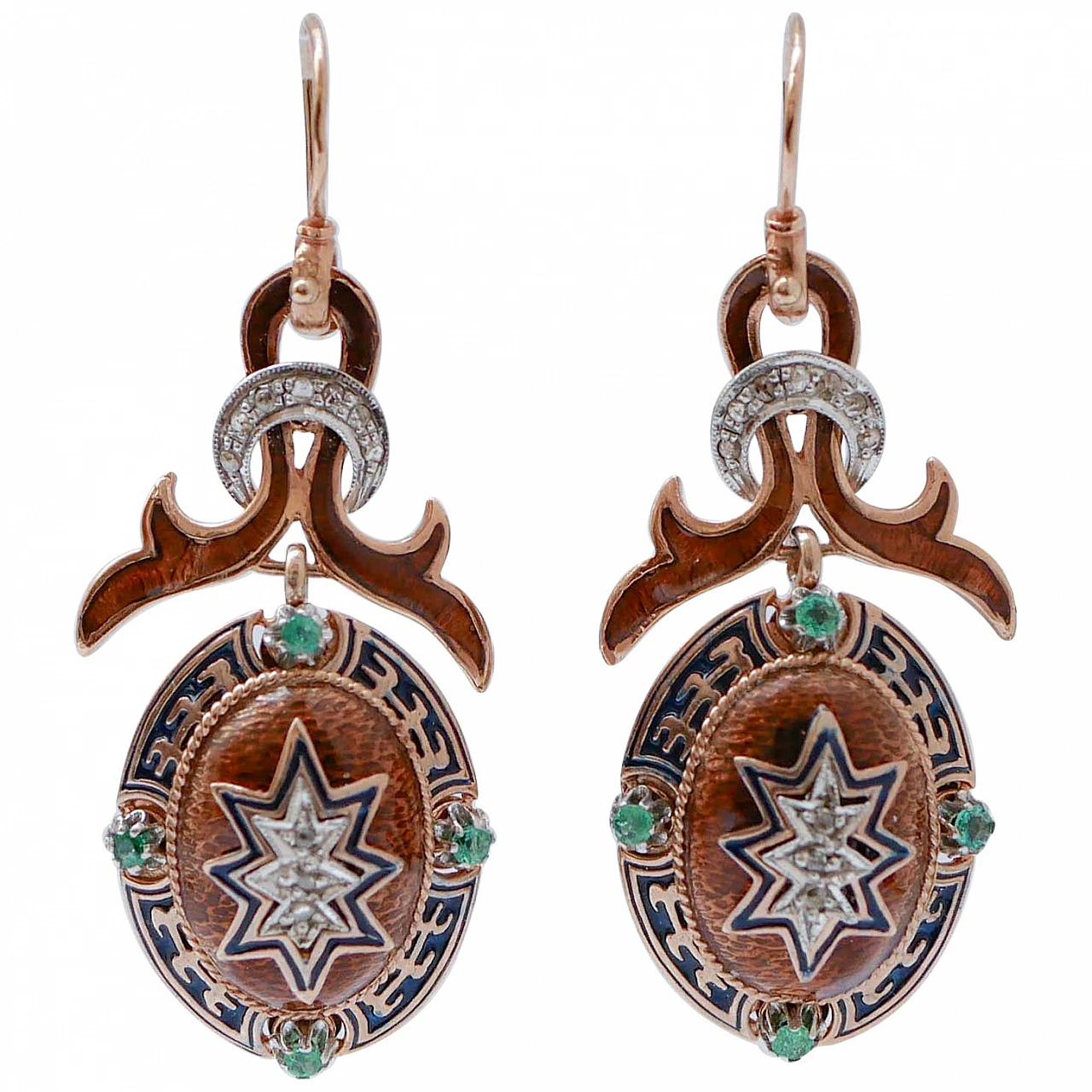 14 kt rose gold and silver earrings with emeralds, diamonds and enamel 1