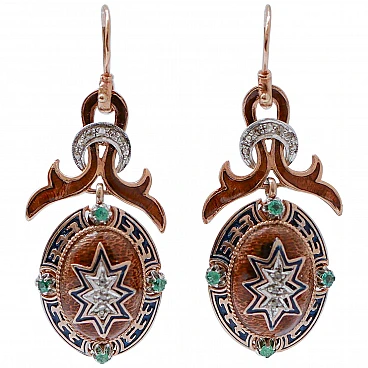 14 kt rose gold and silver earrings with emeralds, diamonds and enamel