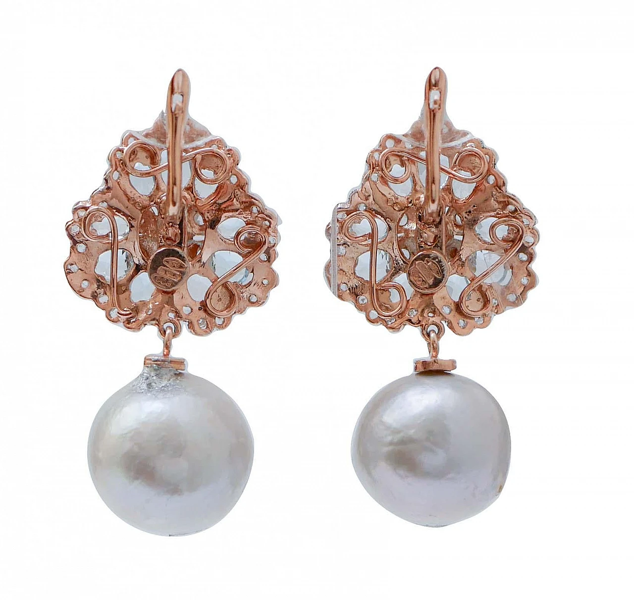 Rose gold earrings with grey pearls, topazes and diamonds, 1970s 3