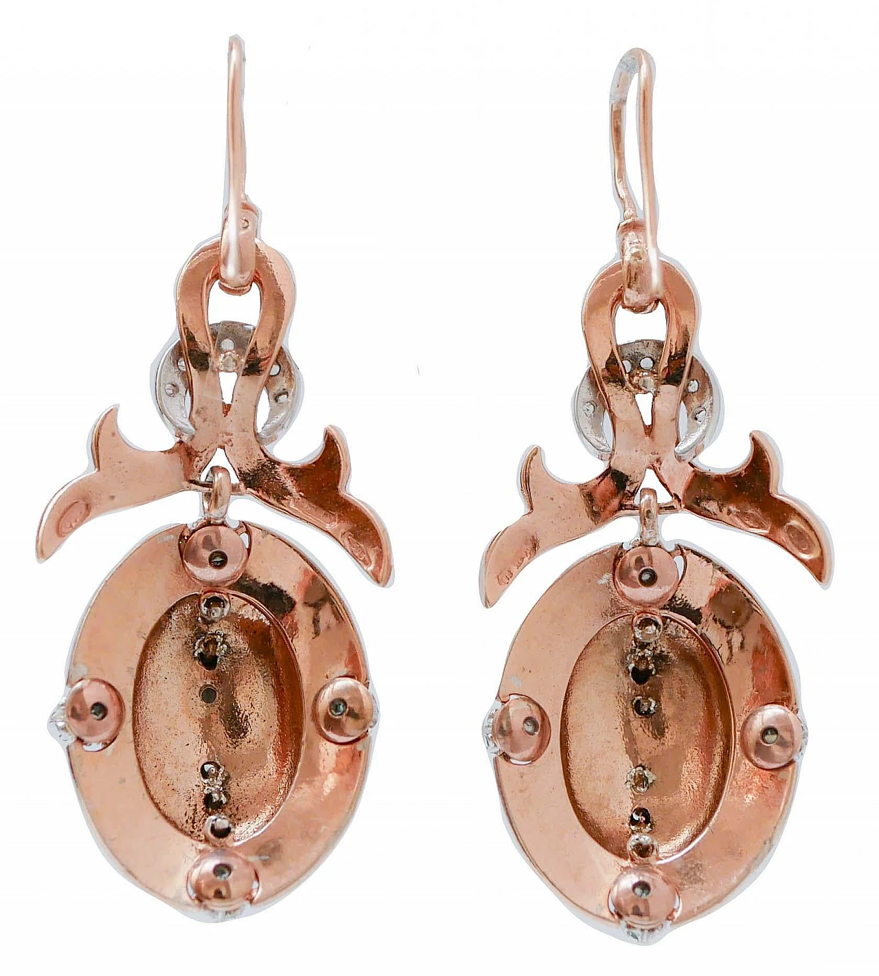 14 kt rose gold and silver earrings with emeralds, diamonds and enamel 3