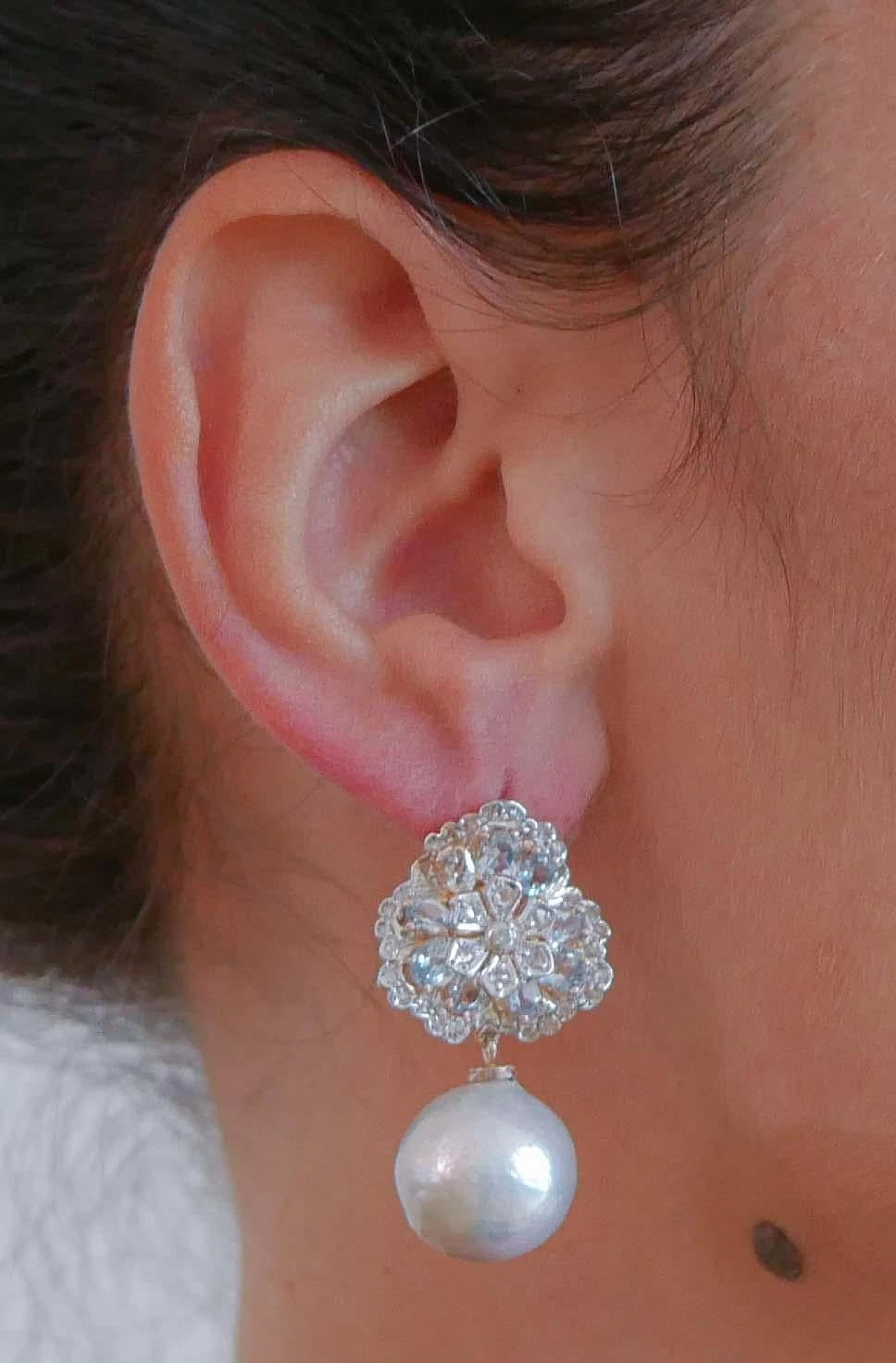 Rose gold earrings with grey pearls, topazes and diamonds, 1970s 5