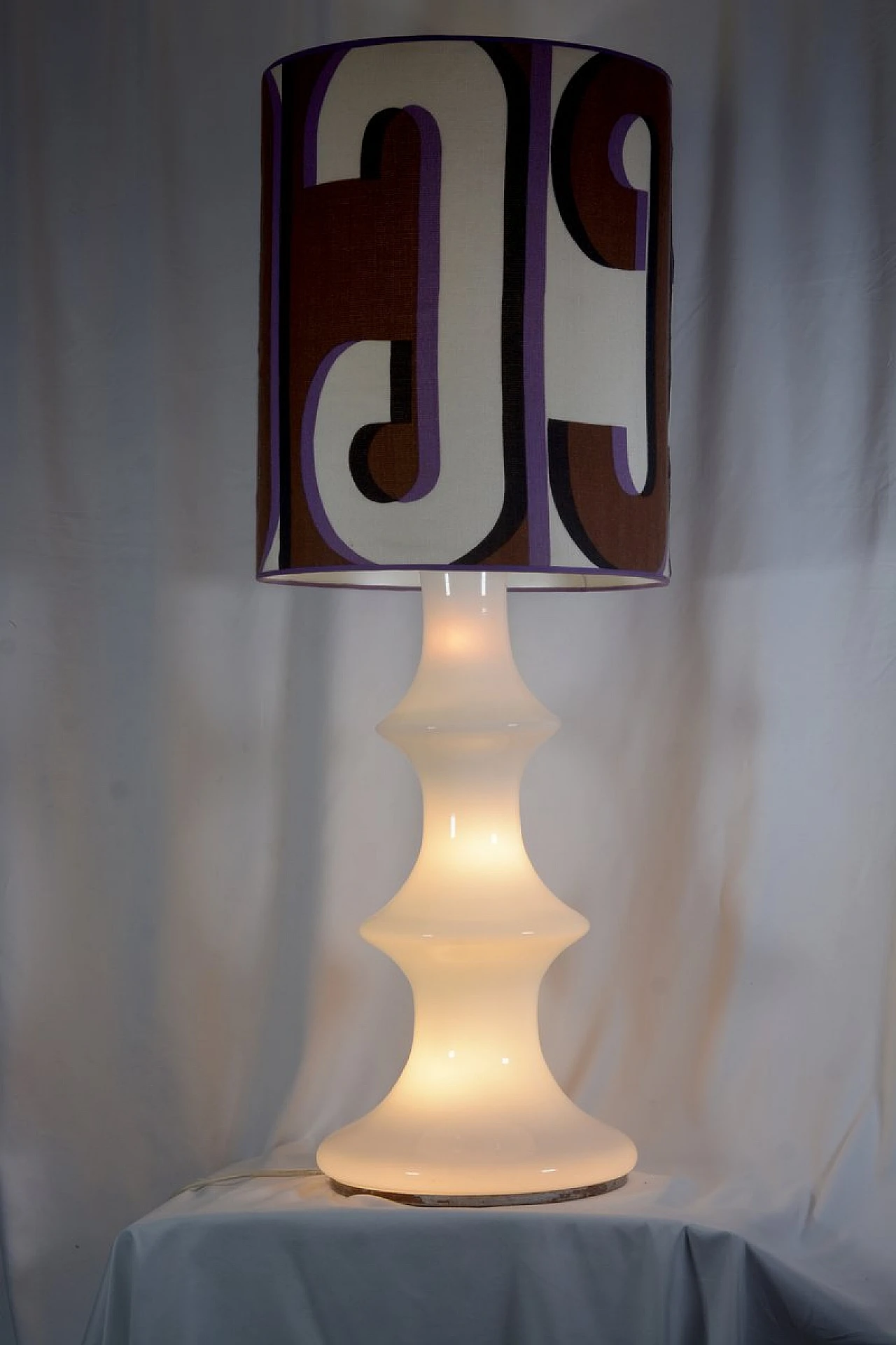 White opaline glass lamp with fabric shade, 1960s 1