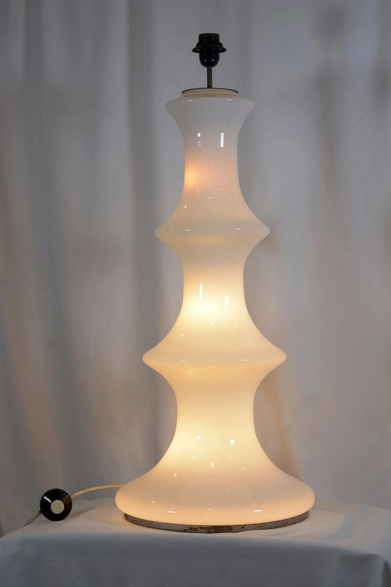 White opaline glass lamp with fabric shade, 1960s 4