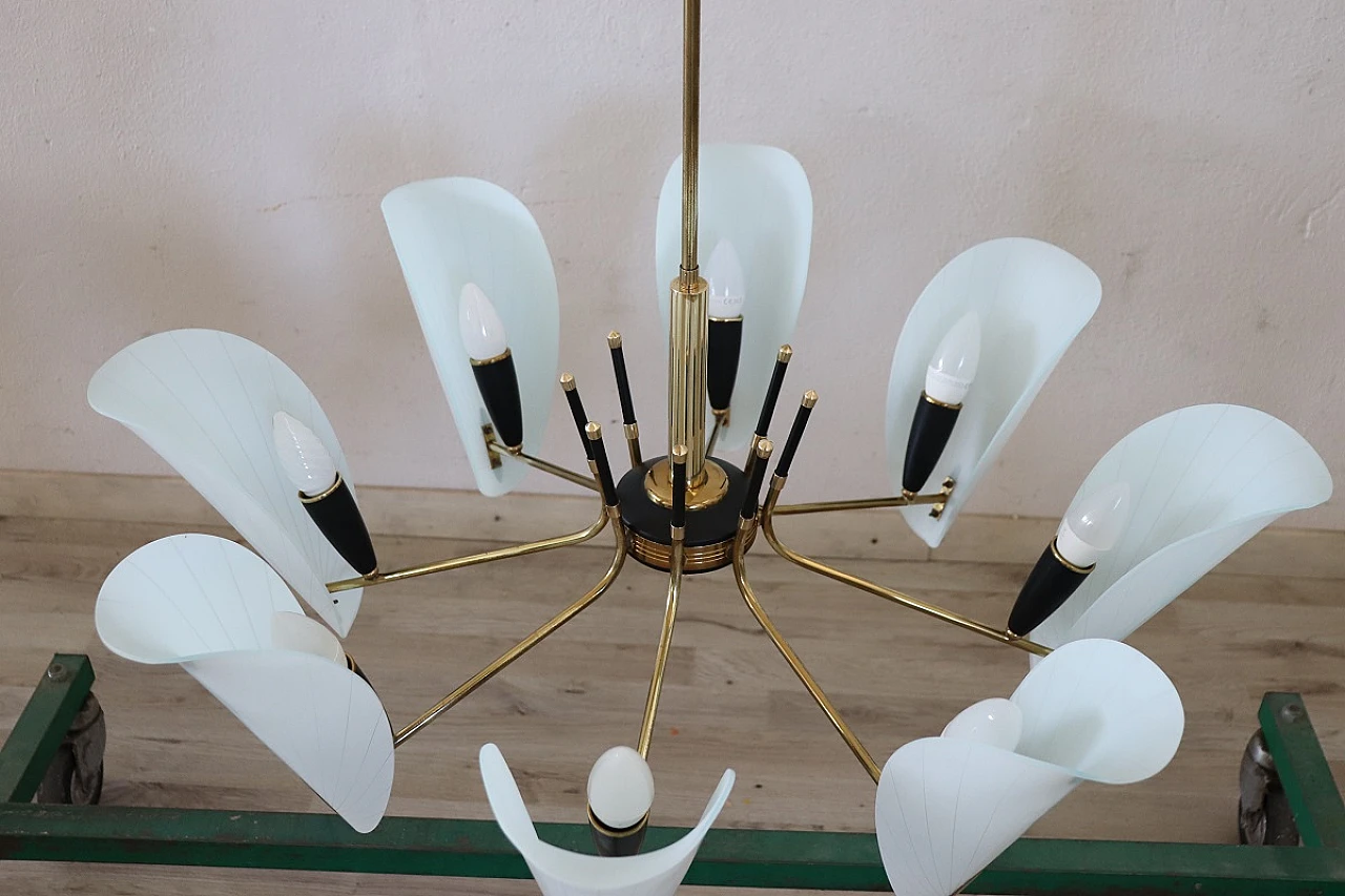 Eight-light chandelier with petal glass shades, 1950s 5