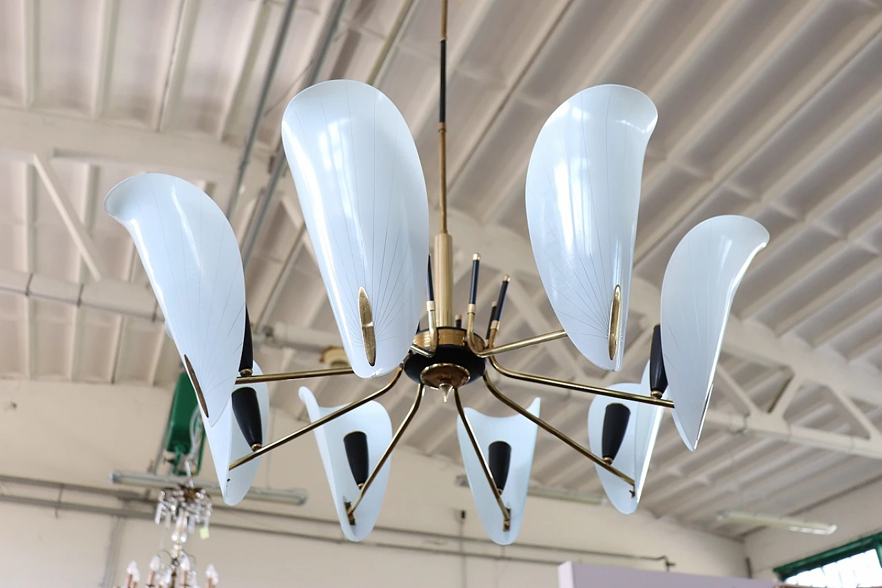 Eight-light chandelier with petal glass shades, 1950s 10