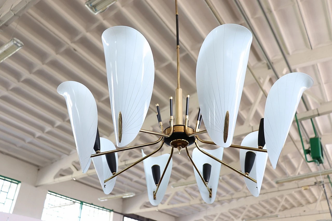 Eight-light chandelier with petal glass shades, 1950s 11