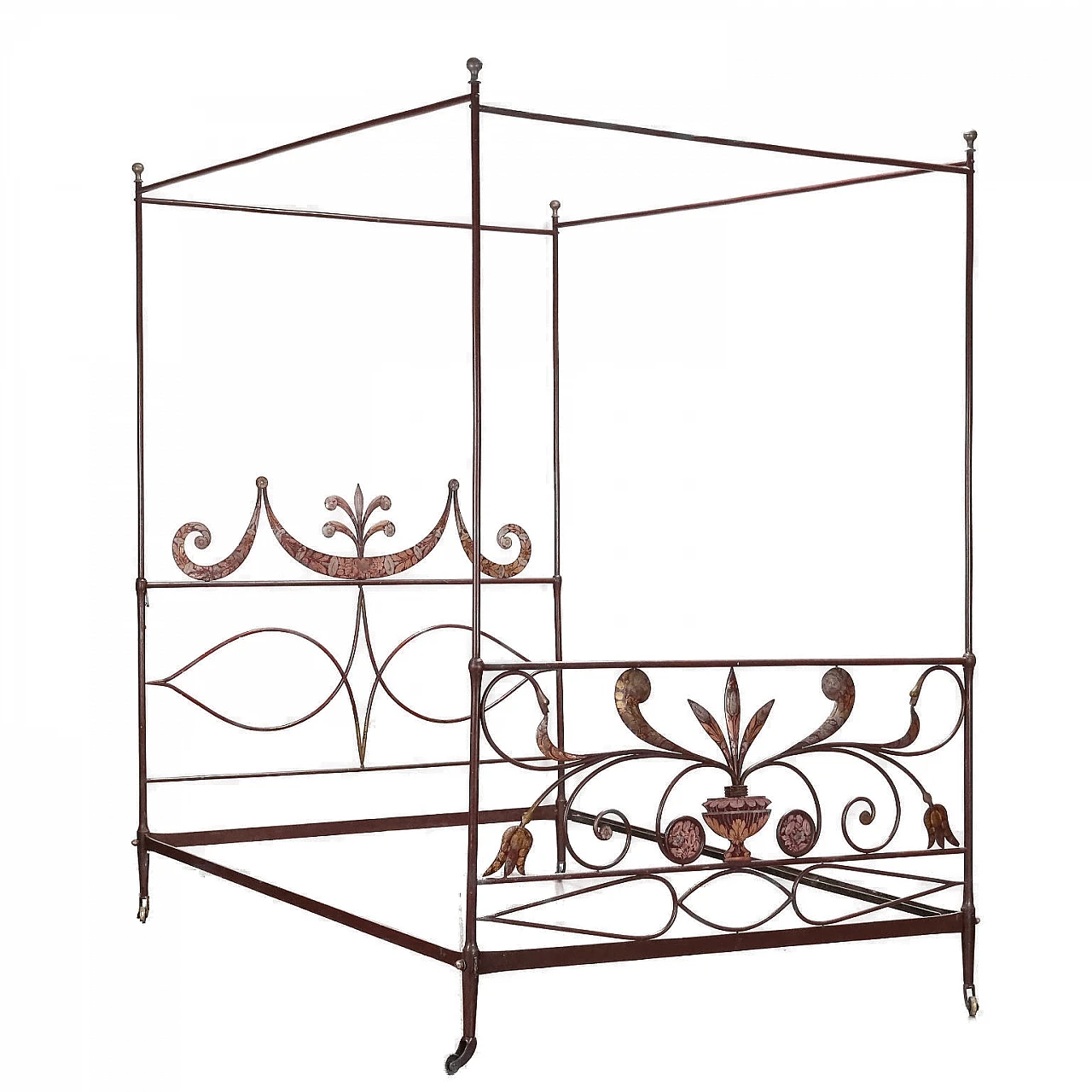 Wrought iron & sheet metal canopy bed lacquered, 19th century 1