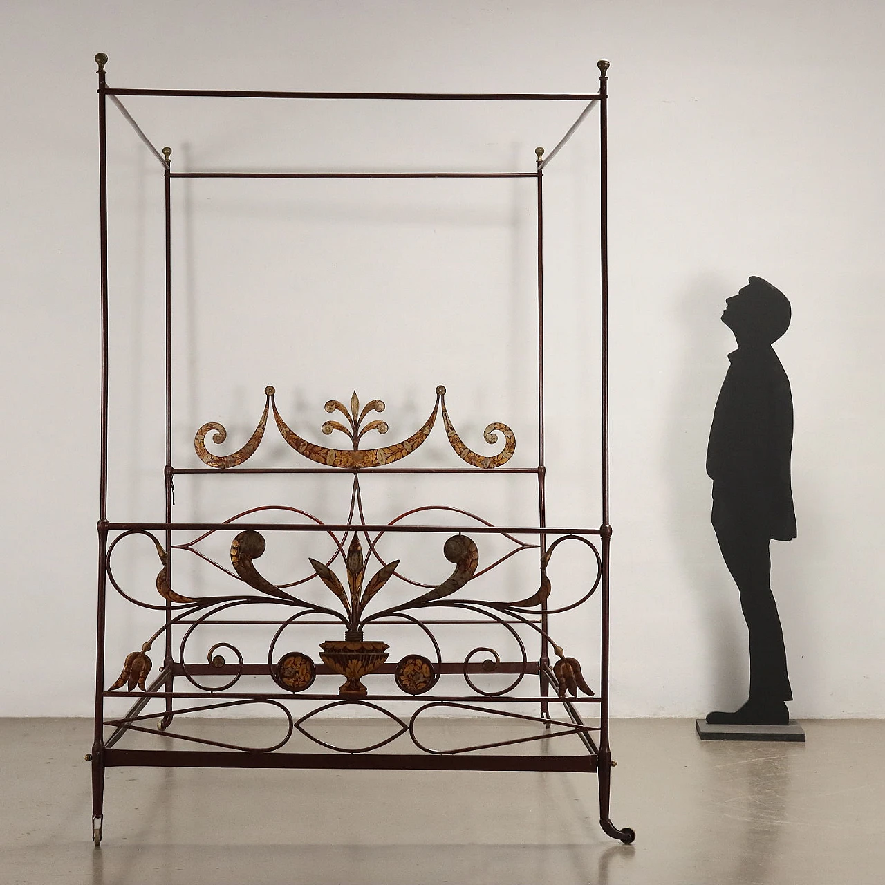 Wrought iron & sheet metal canopy bed lacquered, 19th century 2