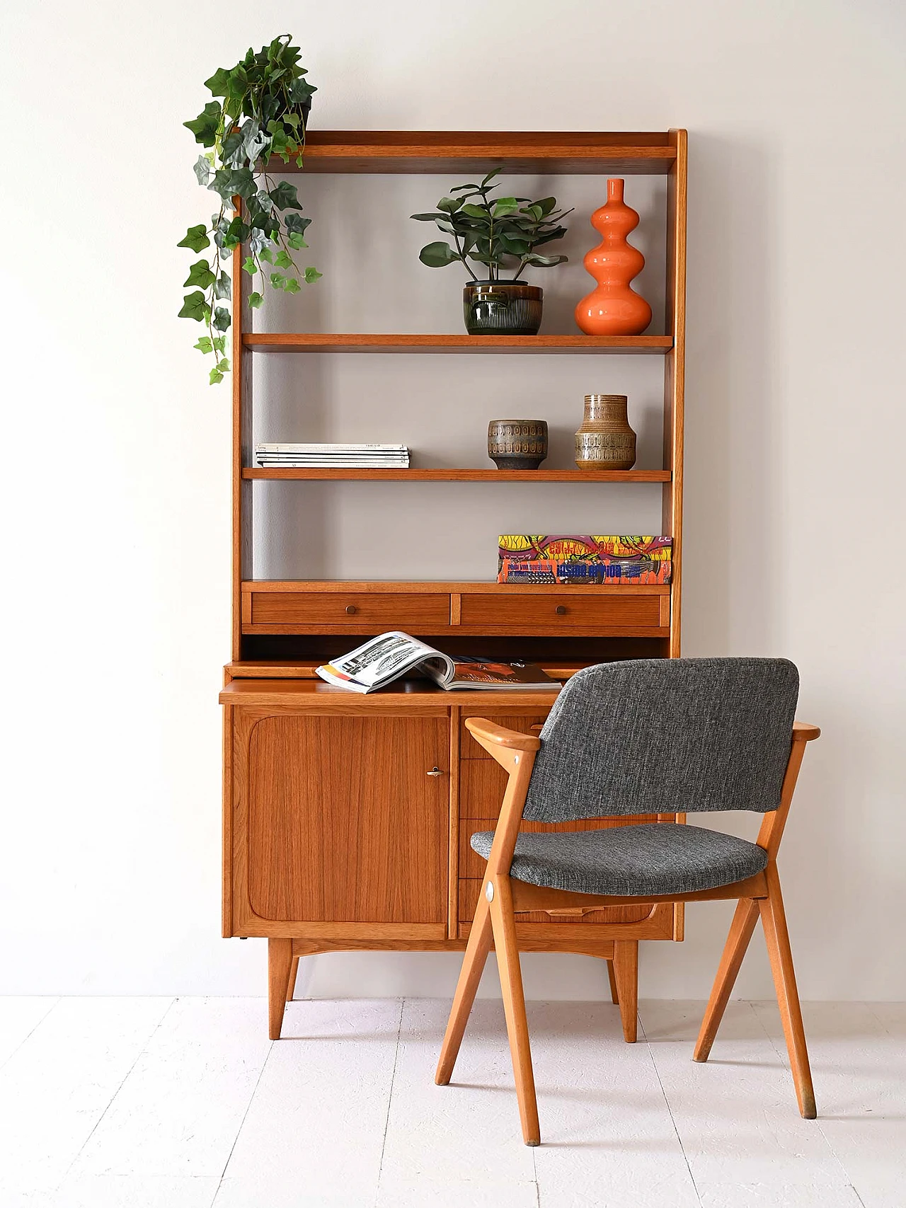 Scandinavian wooden bookcase with pull-out desk, 1960s 1