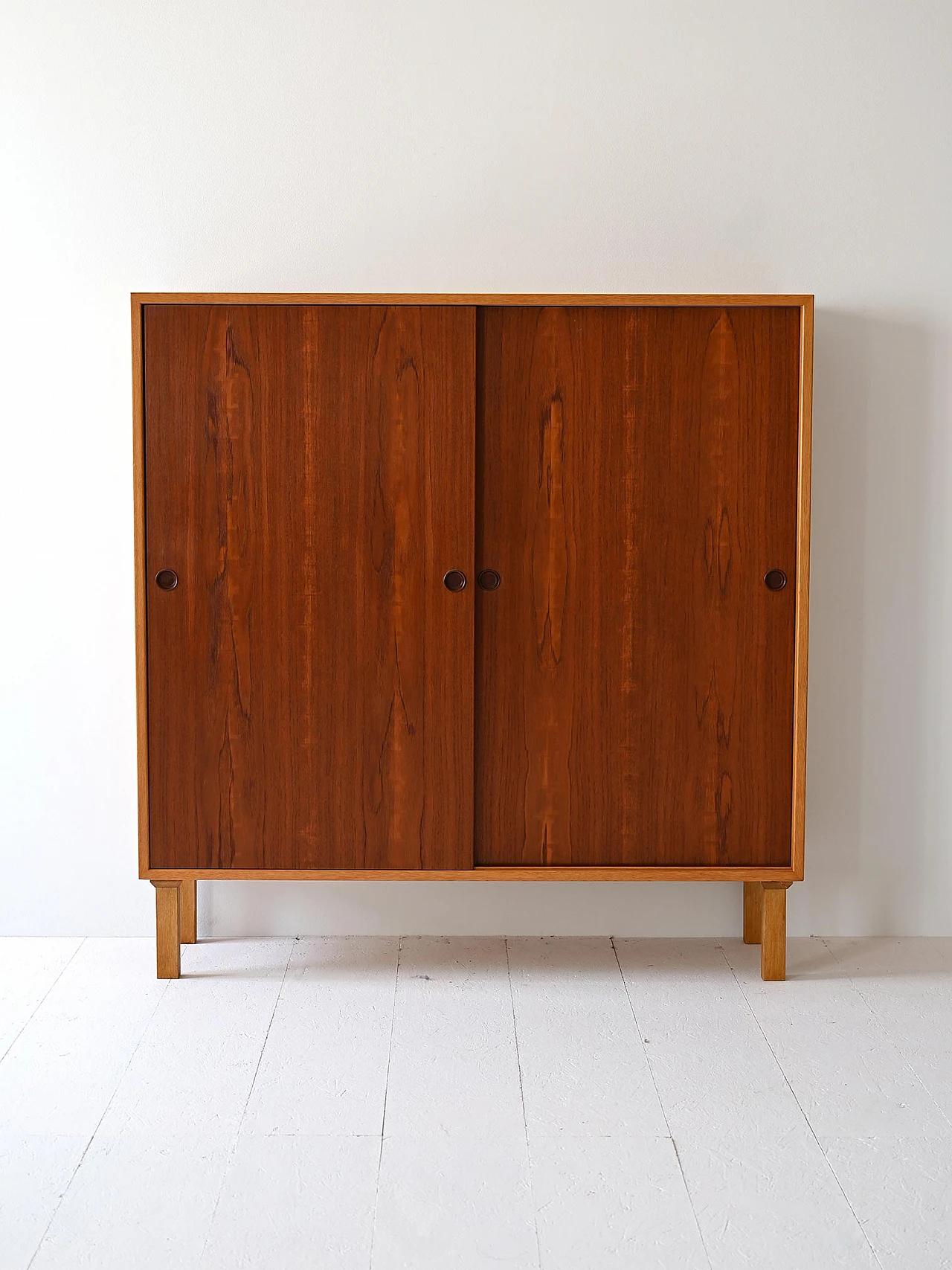 Scandinavian oak bookcase with sliding teak doors, 1960s 1