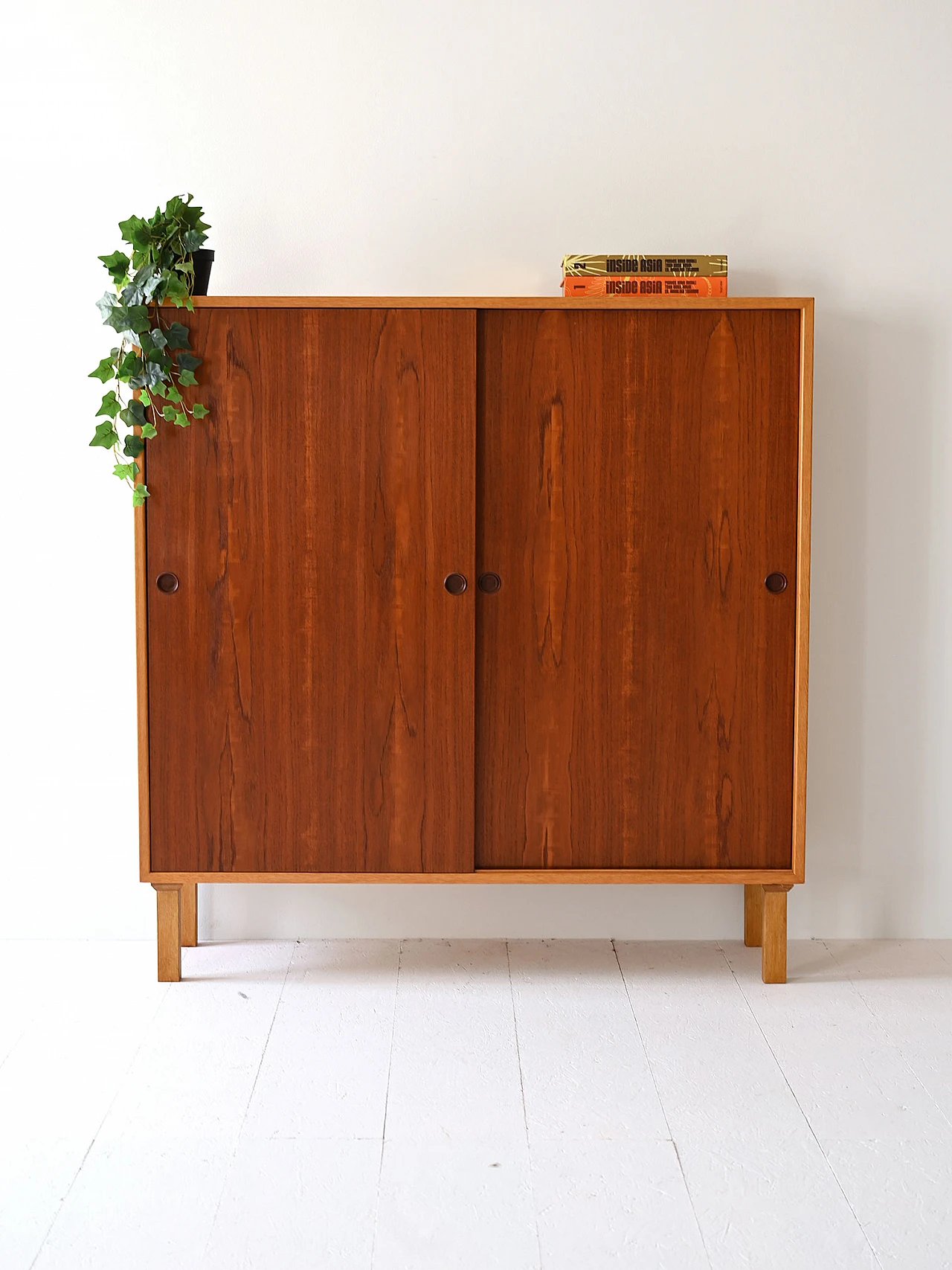 Scandinavian oak bookcase with sliding teak doors, 1960s 2